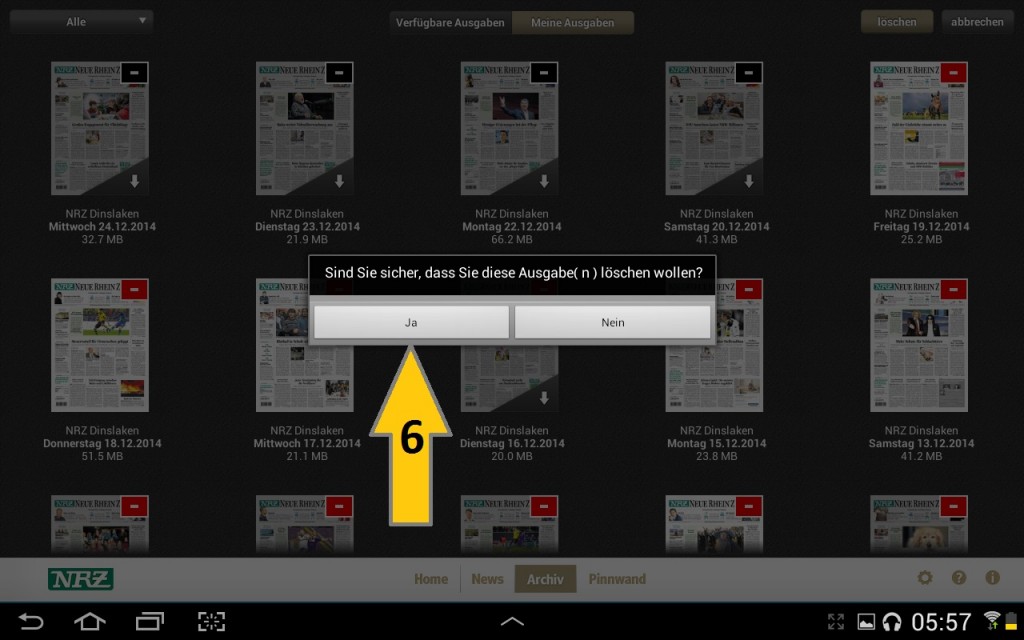 NRZ Zeitungskiosk App - Archiv Bearbeiten und dann noch auf löschen klicken