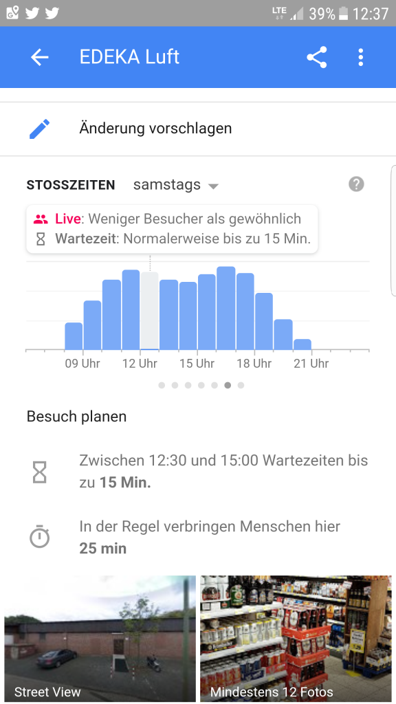 Life Stoßzeiten in Google Maps - EDEKA Luft in Duisburg Walsum